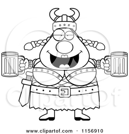 Cartoon Clipart Of A Black And White Plump Female Viking Holding Beer - Vector Outlined Coloring Page by Cory Thoman