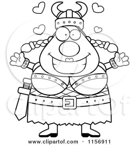 Cartoon Clipart Of A Black And White Loving Plump Female Viking with Open Arms - Vector Outlined Coloring Page by Cory Thoman