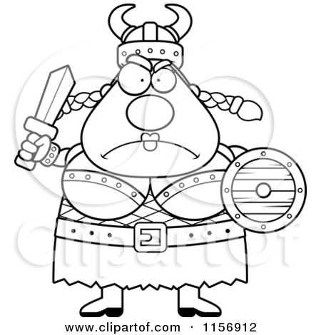 Cartoon Clipart Of A Black And White Mad Plump Female Viking Holding a Sword - Vector Outlined Coloring Page by Cory Thoman