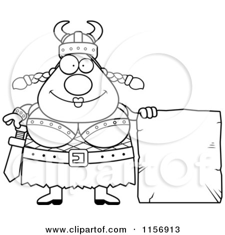 Cartoon Clipart Of A Black And White Plump Female Viking with a Stone Tablet - Vector Outlined Coloring Page by Cory Thoman