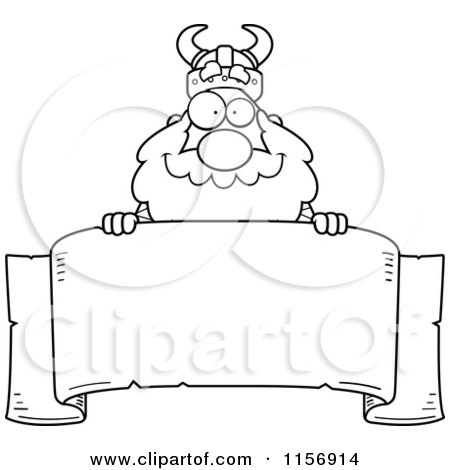Cartoon Clipart Of A Black And White Viking Looking over a Blank Banner - Vector Outlined Coloring Page by Cory Thoman