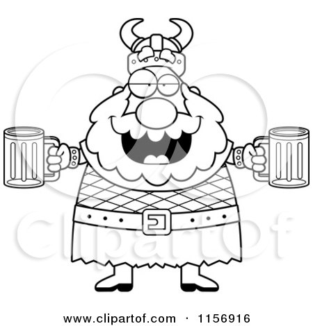 Cartoon Clipart Of A Black And White Chubby Drunk Viking Man Holding Beer - Vector Outlined Coloring Page by Cory Thoman
