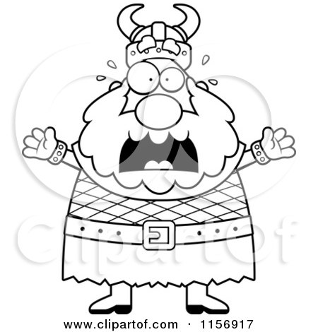 Cartoon Clipart Of A Black And White Scared Viking Man - Vector Outlined Coloring Page by Cory Thoman