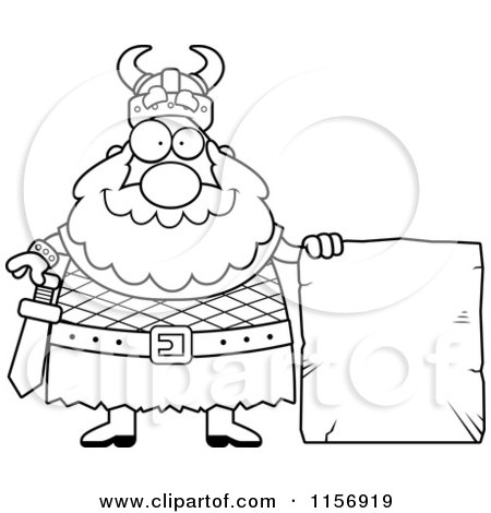 Cartoon Clipart Of A Black And White Chubby Viking Man with a Stone Sign - Vector Outlined Coloring Page by Cory Thoman