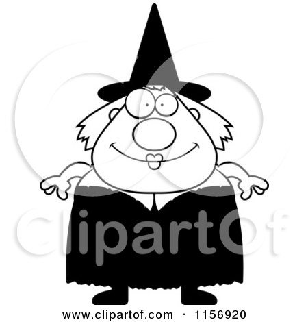 Cartoon Clipart Of A Black And White Plump Witch - Vector Outlined Coloring Page by Cory Thoman