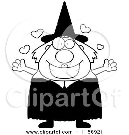 Cartoon Clipart Of A Black And White Plump Witch with Open Arms - Vector Outlined Coloring Page by Cory Thoman