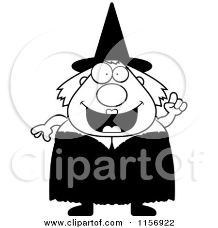 Cartoon Clipart Of A Black And White Plump Witch with an Idea - Vector Outlined Coloring Page by Cory Thoman