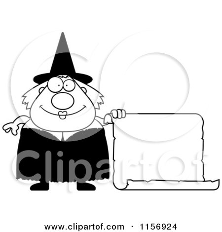 Cartoon Clipart Of A Black And White Plump Witch with a Blank Scroll Sign - Vector Outlined Coloring Page by Cory Thoman