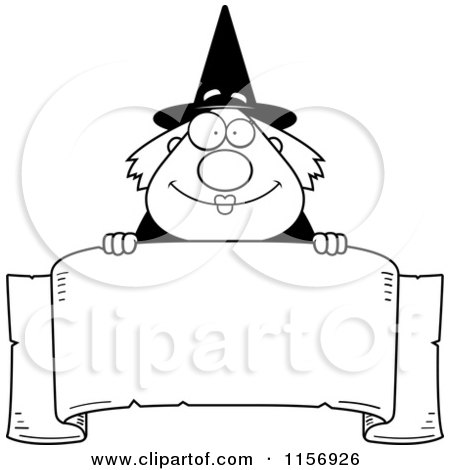 Cartoon Clipart Of A Black And White Plump Witch Looking over a Blank Banner - Vector Outlined Coloring Page by Cory Thoman