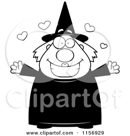 Cartoon Clipart Of A Black And White Plump Witch in Love - Vector Outlined Coloring Page by Cory Thoman