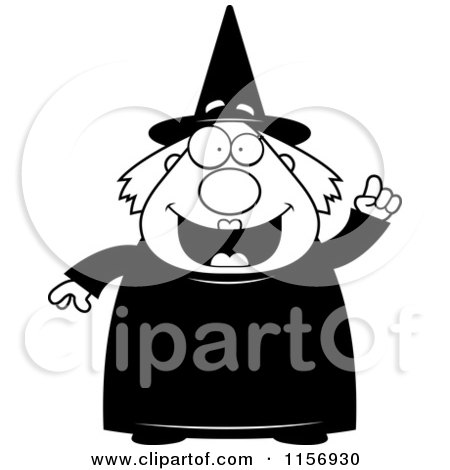 Cartoon Clipart Of A Black And White Chubby Witch Holding up a Finger - Vector Outlined Coloring Page by Cory Thoman