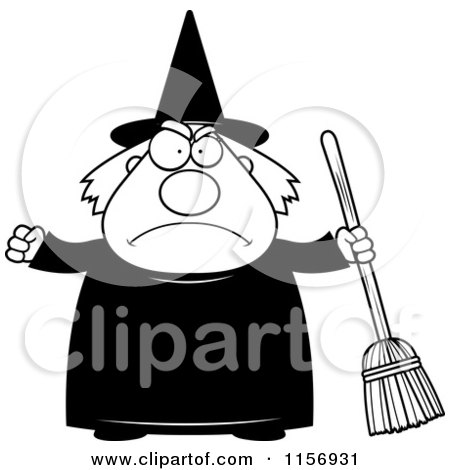 Cartoon Clipart Of A Black And White Mad Plump Witch Holding a Broom - Vector Outlined Coloring Page by Cory Thoman