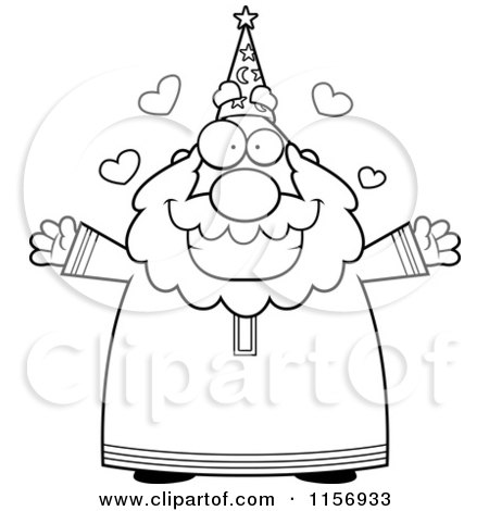 Cartoon Clipart Of A Black And White Happy Old Wizard with Open Arms - Vector Outlined Coloring Page by Cory Thoman