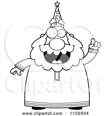 Cartoon Clipart Of A Black And White Plump Old Wizard with an Idea - Vector Outlined Coloring Page by Cory Thoman
