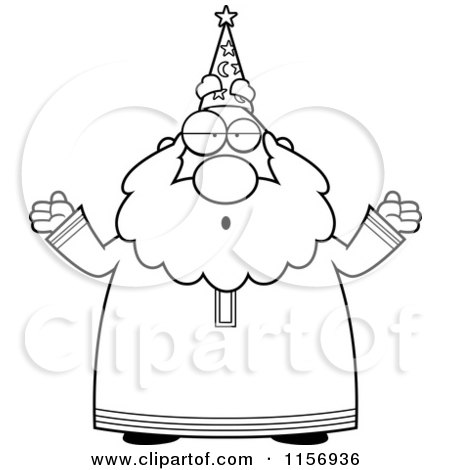 Cartoon Clipart Of A Black And White Careless Old Wizard Shrugging - Vector Outlined Coloring Page by Cory Thoman