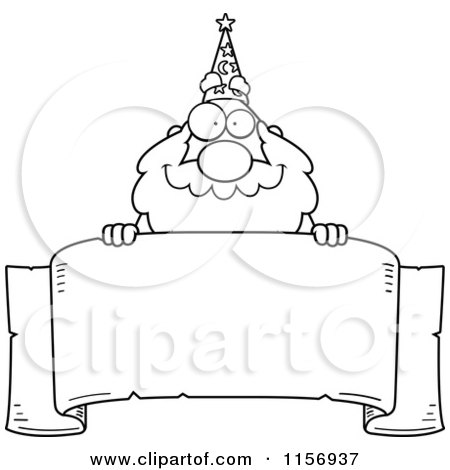 Cartoon Clipart Of A Black And White Plump Old Wizard Looking over a Blank Banner - Vector Outlined Coloring Page by Cory Thoman