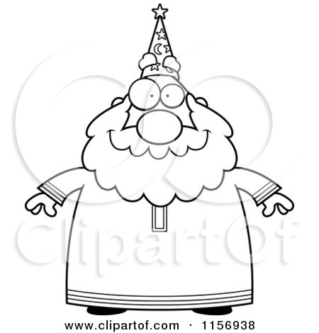 Cartoon Clipart Of A Black And White Plump Old Wizard Facing Front - Vector Outlined Coloring Page by Cory Thoman