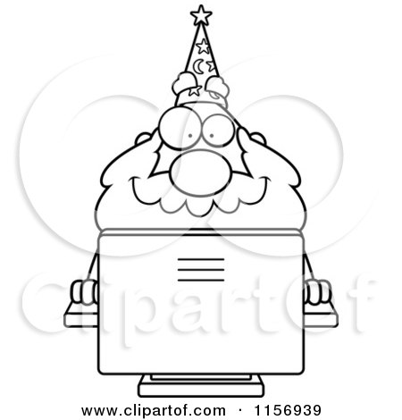 Cartoon Clipart Of A Black And White Plump Old Wizard Using a Desktop Computer - Vector Outlined Coloring Page by Cory Thoman