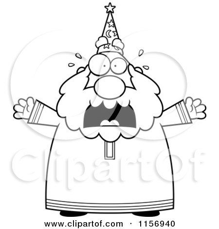 Cartoon Clipart Of A Black And White Plump Old Wizard Freaking out - Vector Outlined Coloring Page by Cory Thoman