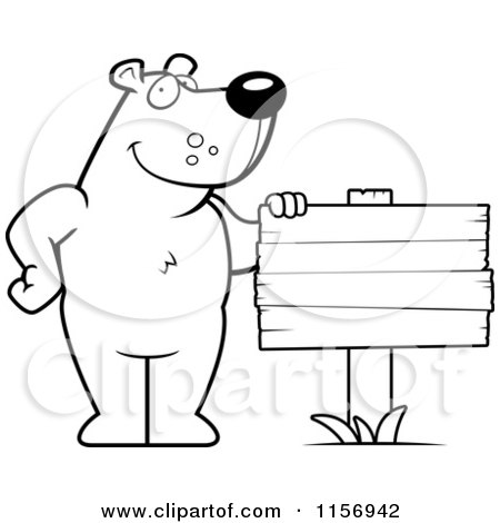 Cartoon Clipart Of A Black And White Friendly Bear Standing by a Blank Wood Sign - Vector Outlined Coloring Page by Cory Thoman