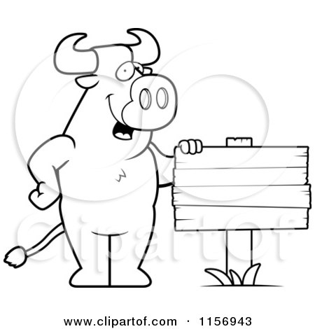 Cartoon Clipart Of A Black And White Friendly Bull Standing by a Blank Wood Sign - Vector Outlined Coloring Page by Cory Thoman