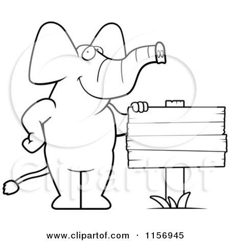 Cartoon Clipart Of A Black And White Elephant Standing Beside a Blank Wood Sign - Vector Outlined Coloring Page by Cory Thoman