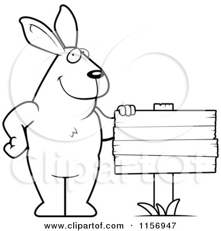 Cartoon Clipart Of A Black And White Big Rabbit by a Wooden Sign - Vector Outlined Coloring Page by Cory Thoman