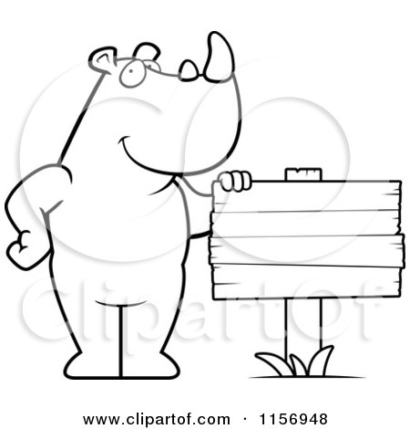 Cartoon Clipart Of A Black And White Rhino By A Sign - Vector Outlined Coloring Page by Cory Thoman