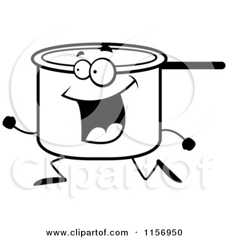Cartoon Clipart Of A Black And White Happy Pot Character Running - Vector Outlined Coloring Page by Cory Thoman