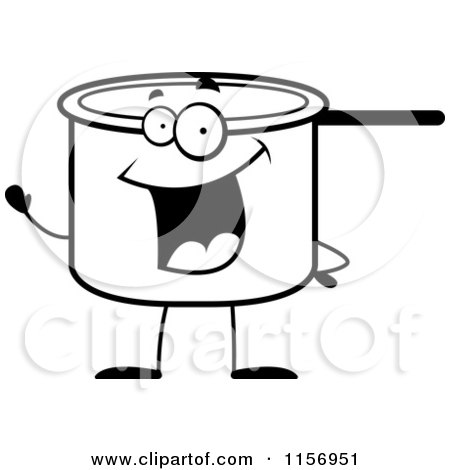 Cartoon Clipart Of A Black And White Friendly Pot Character Waving - Vector Outlined Coloring Page by Cory Thoman