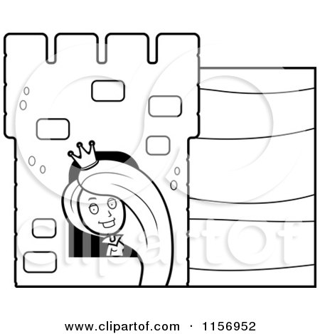 Cartoon Clipart Of A Black And White Rapunzel Looking out of a Tower Window - Vector Outlined Coloring Page by Cory Thoman