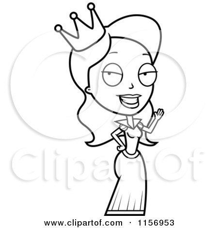 Cartoon Clipart Of A Black And White Waving Princess - Vector Outlined Coloring Page by Cory Thoman