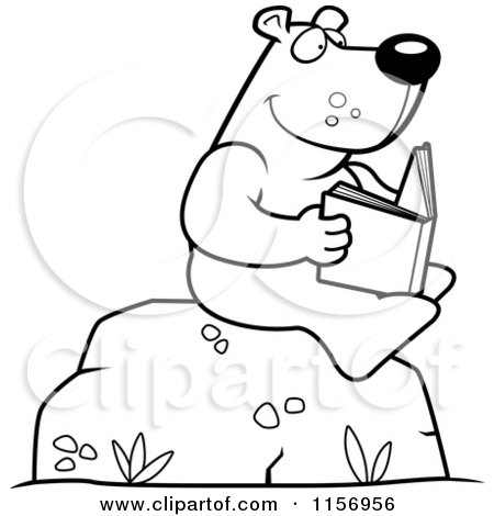 Cartoon Clipart Of A Black And White Bear Reading a Book on a Boulder - Vector Outlined Coloring Page by Cory Thoman