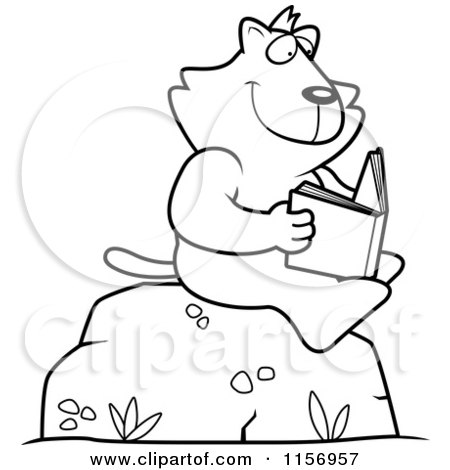 Cartoon Clipart Of A Black And White Cat Reading a Book on a Boulder - Vector Outlined Coloring Page by Cory Thoman