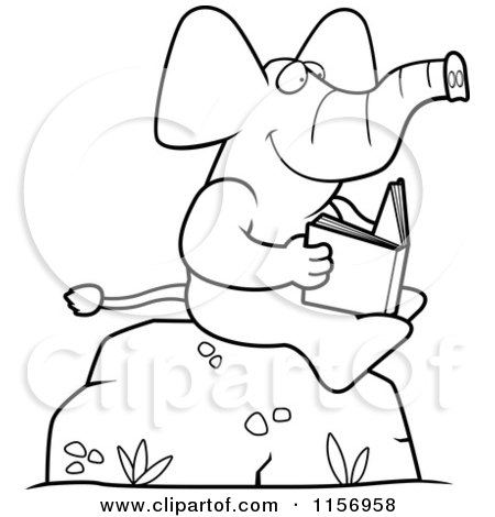 Cartoon Clipart Of A Black And White Elephant Reading a Book on a Boulder - Vector Outlined Coloring Page by Cory Thoman
