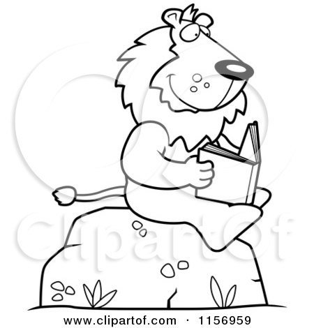 Cartoon Clipart Of A Black And White Lion Reading a Book on a Boulder - Vector Outlined Coloring Page by Cory Thoman