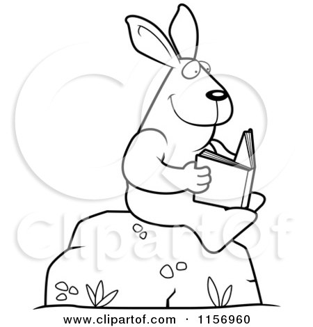 Cartoon Clipart Of A Black And White Rabbit Reading a Book on a Boulder - Vector Outlined Coloring Page by Cory Thoman