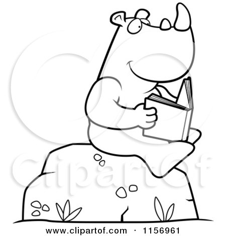 Cartoon Clipart Of A Black And White Rhino Reading a Book on a Boulder - Vector Outlined Coloring Page by Cory Thoman