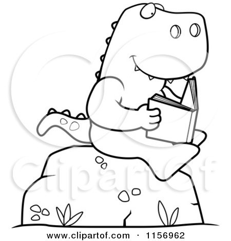 Cartoon Clipart Of A Black And White T Rex Reading a Book on a Boulder - Vector Outlined Coloring Page by Cory Thoman