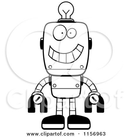 Cartoon Clipart Of A Black And White Happy Metal Robot with a Light Bulb Brain - Vector Outlined Coloring Page by Cory Thoman