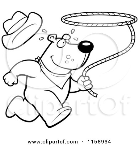 Cartoon Clipart Of A Black And White Rodeo Bear Running and Swinging a Lasso - Vector Outlined Coloring Page by Cory Thoman