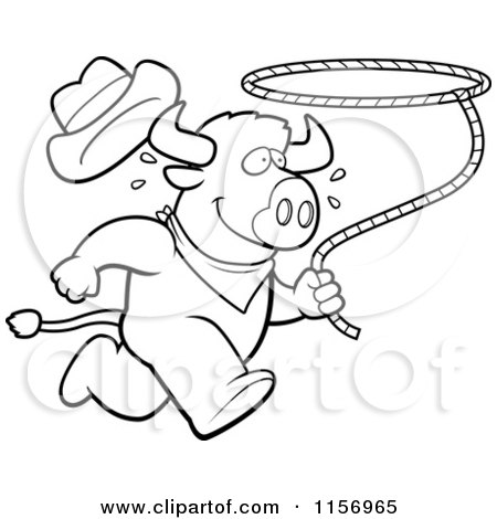 Cartoon Clipart Of A Black And White Rodeo Buffalo Running with a Lasso - Vector Outlined Coloring Page by Cory Thoman