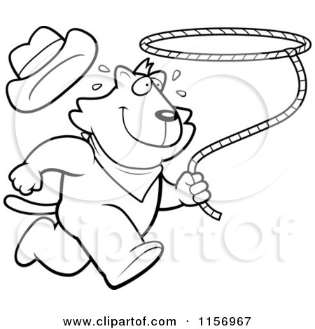 Cartoon Clipart Of A Black And White Rodeo Cat Running with a Lasso - Vector Outlined Coloring Page by Cory Thoman