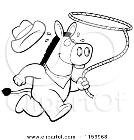 Cartoon Clipart Of A Black And White Rodeo Donkey Running with a Lasso - Vector Outlined Coloring Page by Cory Thoman