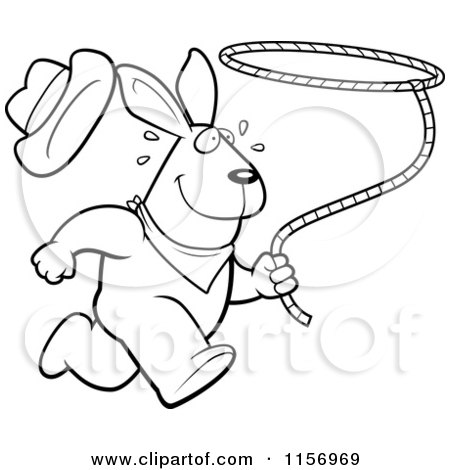 Cartoon Clipart Of A Black And White Rodeo Rabbit Running with a Lasso - Vector Outlined Coloring Page by Cory Thoman