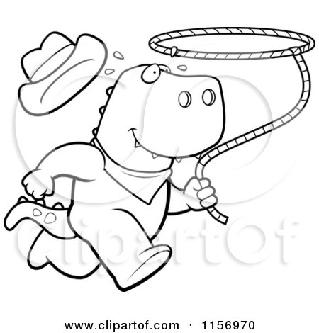 Cartoon Clipart Of A Black And White Rodeo T Rex Running with a Lasso - Vector Outlined Coloring Page by Cory Thoman