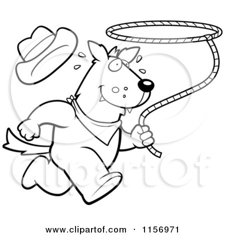 Cartoon Clipart Of A Black And White Rodeo Wolf Running with a Lasso - Vector Outlined Coloring Page by Cory Thoman