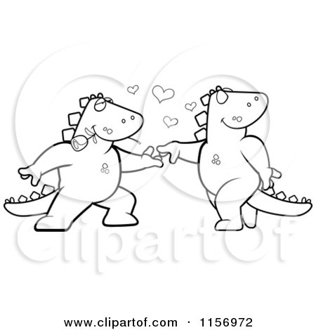 Cartoon Clipart Of A Black And White Romantic Dinosaur Couple Dancing - Vector Outlined Coloring Page by Cory Thoman