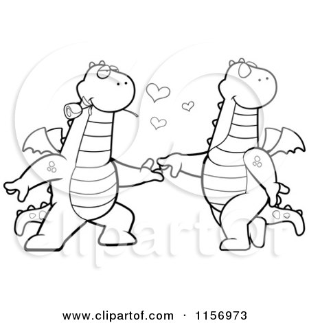 Cartoon Clipart Of A Black And White Romantic Dragon Pair Dancing - Vector Outlined Coloring Page by Cory Thoman