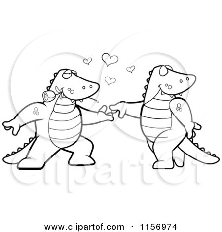 Cartoon Clipart Of A Black And White Romantic Alligator Pair Dancing - Vector Outlined Coloring Page by Cory Thoman
